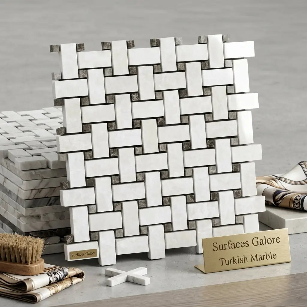White and gray Turkish marble basketweave mosaic tile with polished White Pearl Botticino Beige and Emperador Dark dots