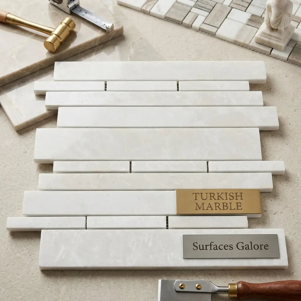 White pearl botticino beige marble tiles arranged in staggered horizontal pattern with subtle veining polished finish