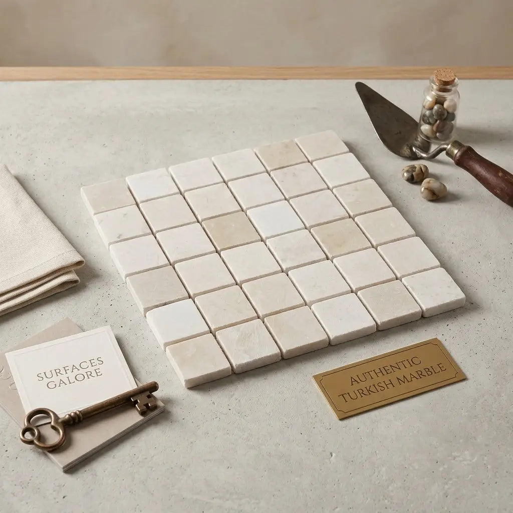 Square mosaic tiles of white pearl and botticino beige turkish marble with soft off-white base and subtle veining