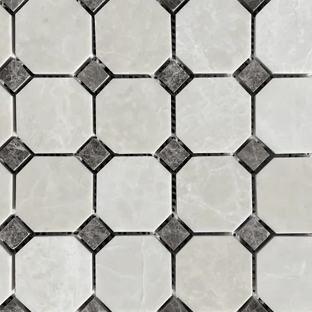 White Pearl and Botticino Beige Marble Octagon with Emperador Dark Dots Mosaic Pattern