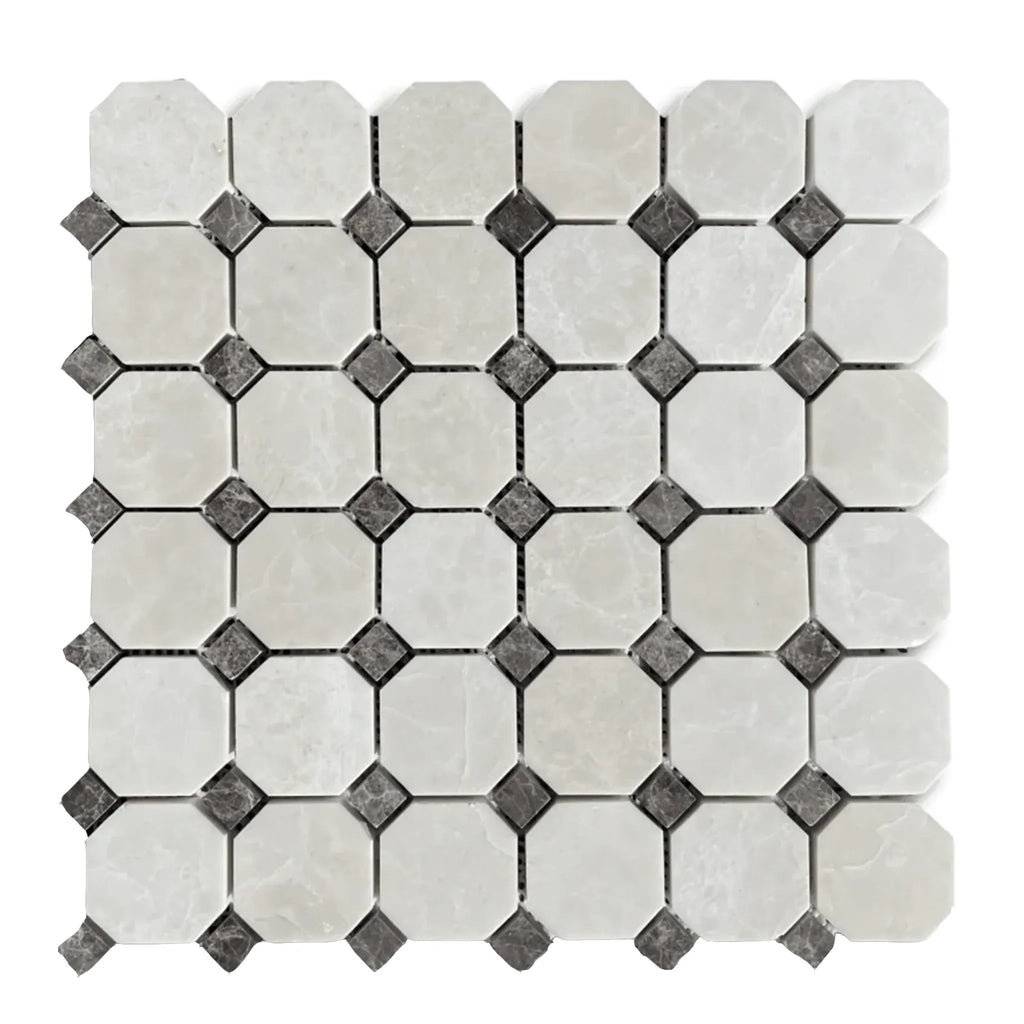 White Pearl and Botticino Beige Marble Octagon with Emperador Dark Dots Mosaic Tile Sheet