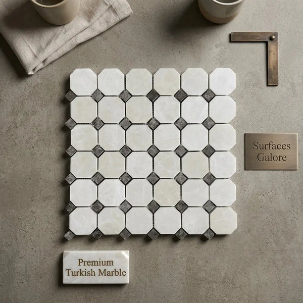 White pearl and botticino beige marble octagon mosaic tile with emperador dark dots and a diamond pattern polish