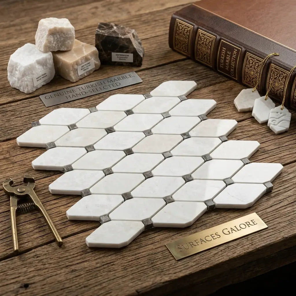 White pearl Botticino beige marble octave mosaic with emperador dark dots polished in hexagonal honeycomb pattern