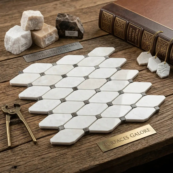 White pearl Botticino beige marble octave mosaic with emperador dark dots polished in hexagonal honeycomb pattern