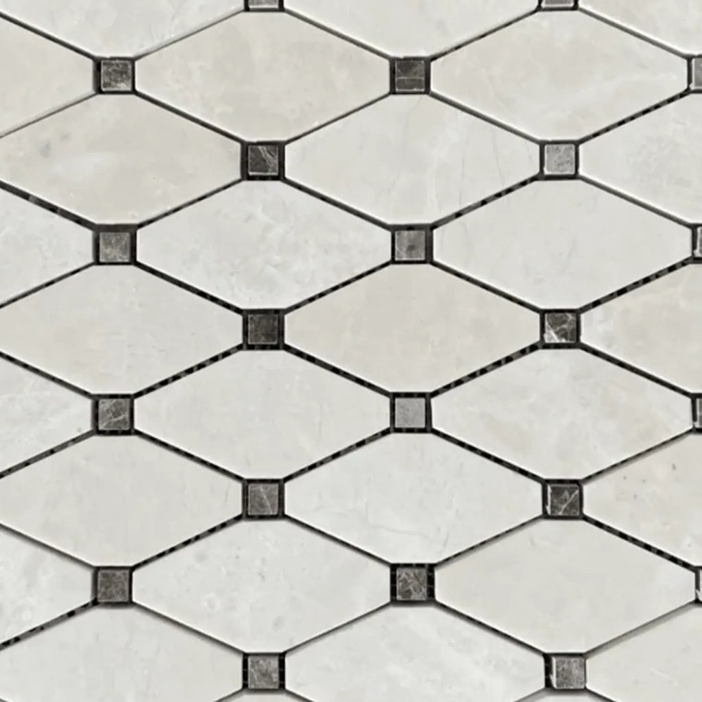 Diamond and square patterned tile in White Pearl/Botticino Beige Marble Octave Mosaic