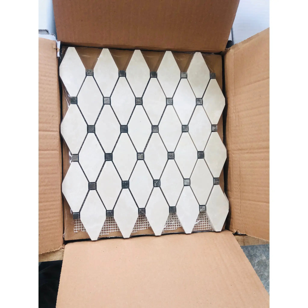 White pearl and botticino beige marble octave mosaic tile with white diamond shapes black grout and emperador dark dots