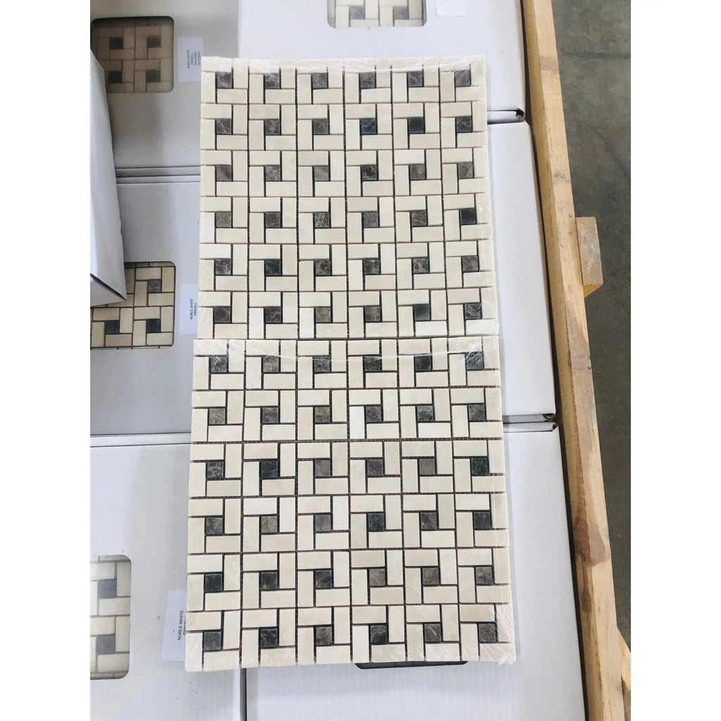 Cream and dark gray marble pinwheel mosaic with Emperador Dark dots, polished