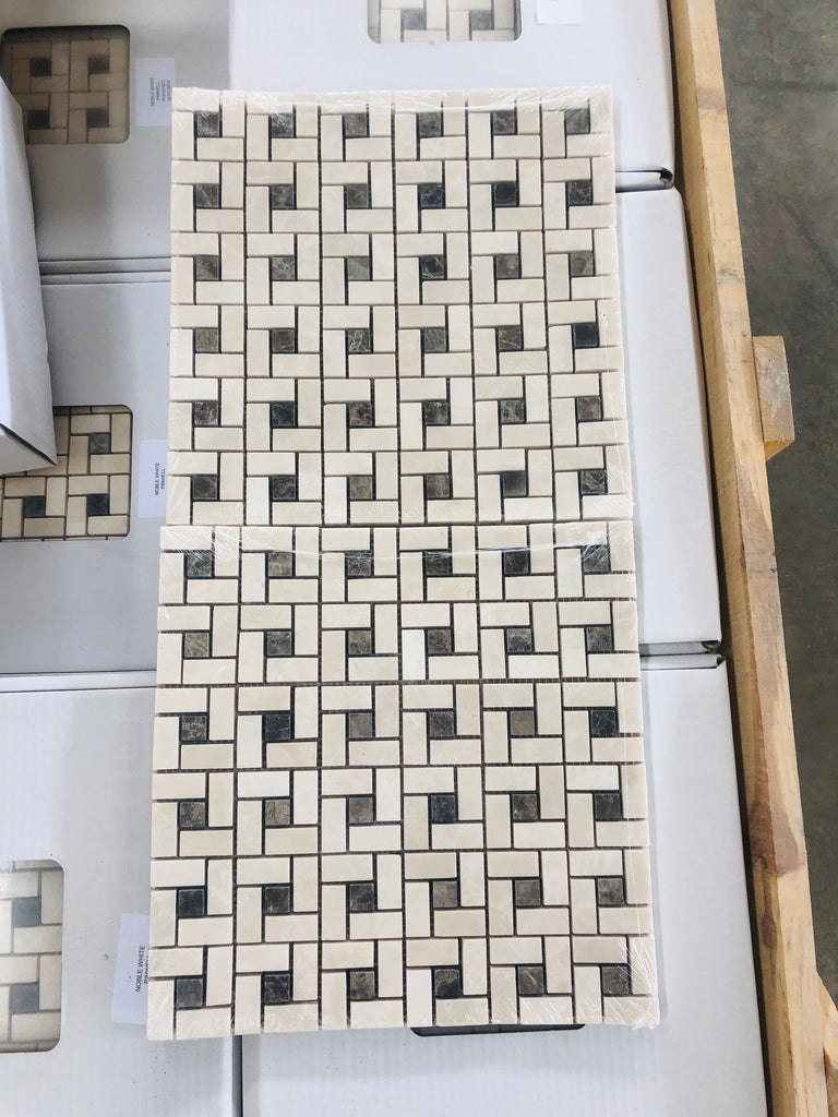 Cream and dark gray marble pinwheel mosaic with Emperador Dark dots, polished