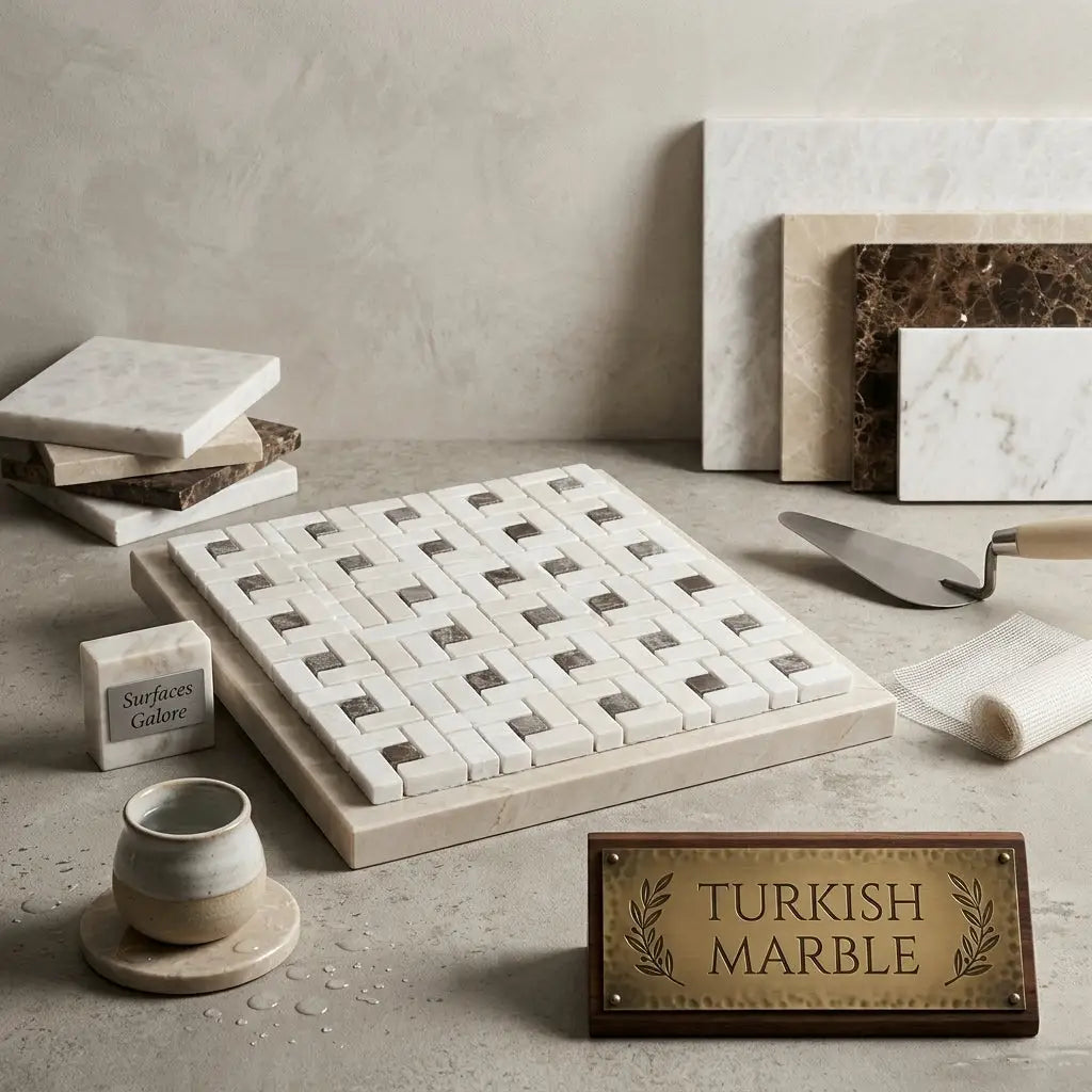 White pearl botticino beige marble pinwheel mosaic tile with a polished woven basketweave pattern and emperador dark dots
