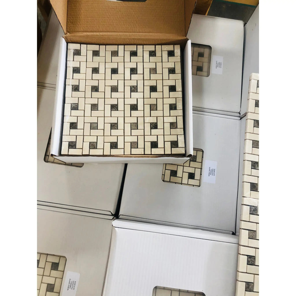 Beige and dark gray marble pinwheel mosaic with basketweave pattern