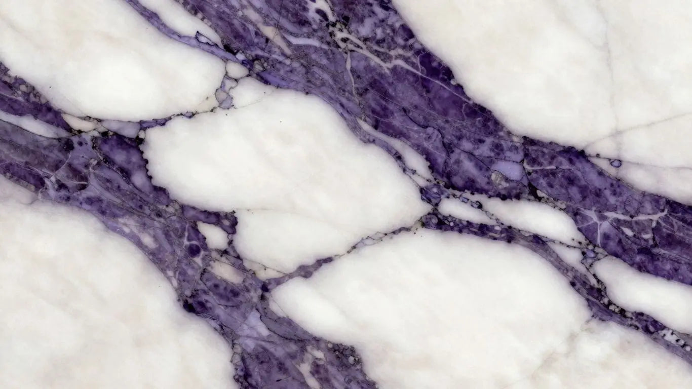 Calacatta Viola marble slab sketch with purple veins.
