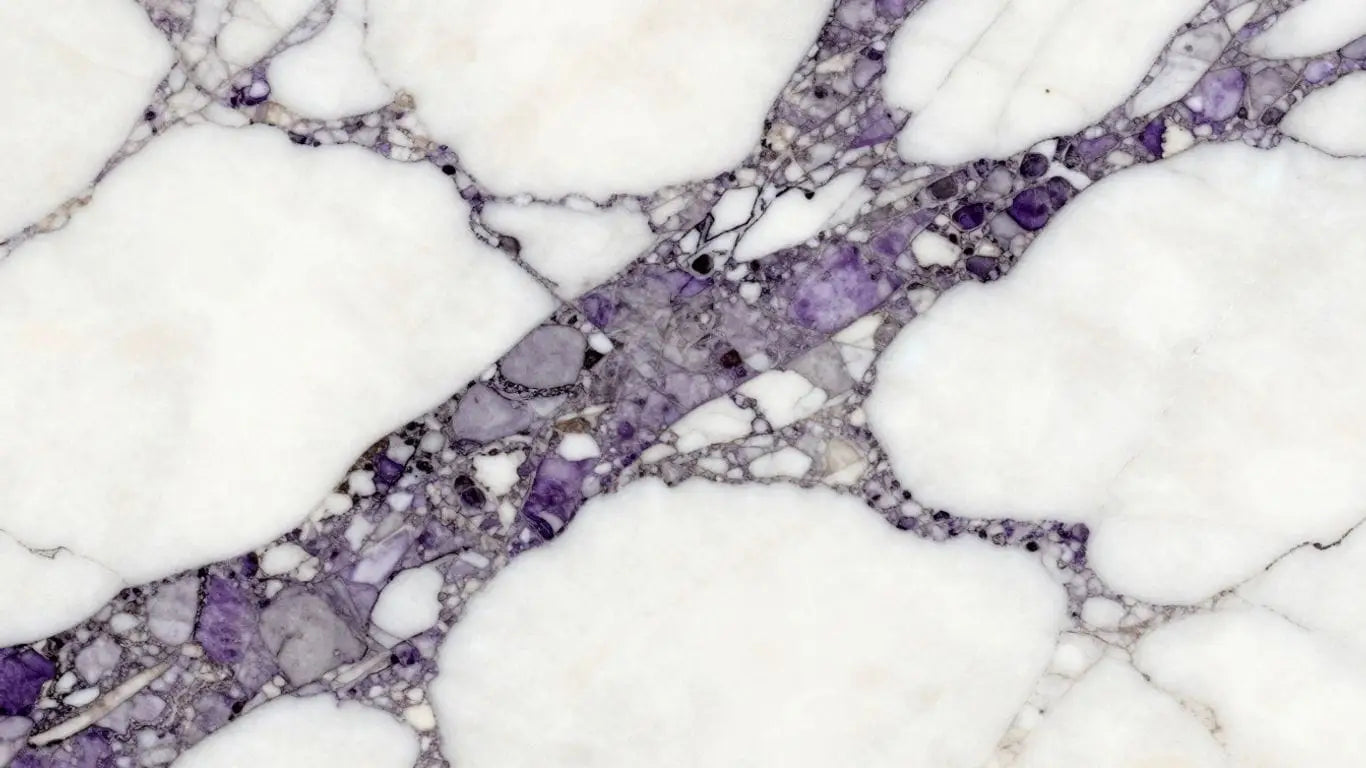 Calacatta Viola marble collection sketch with purple and grey veins.