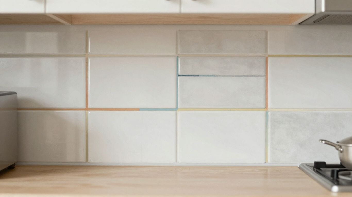 Salpicadero de cocina con diferentes combinaciones de azulejos y lechada.