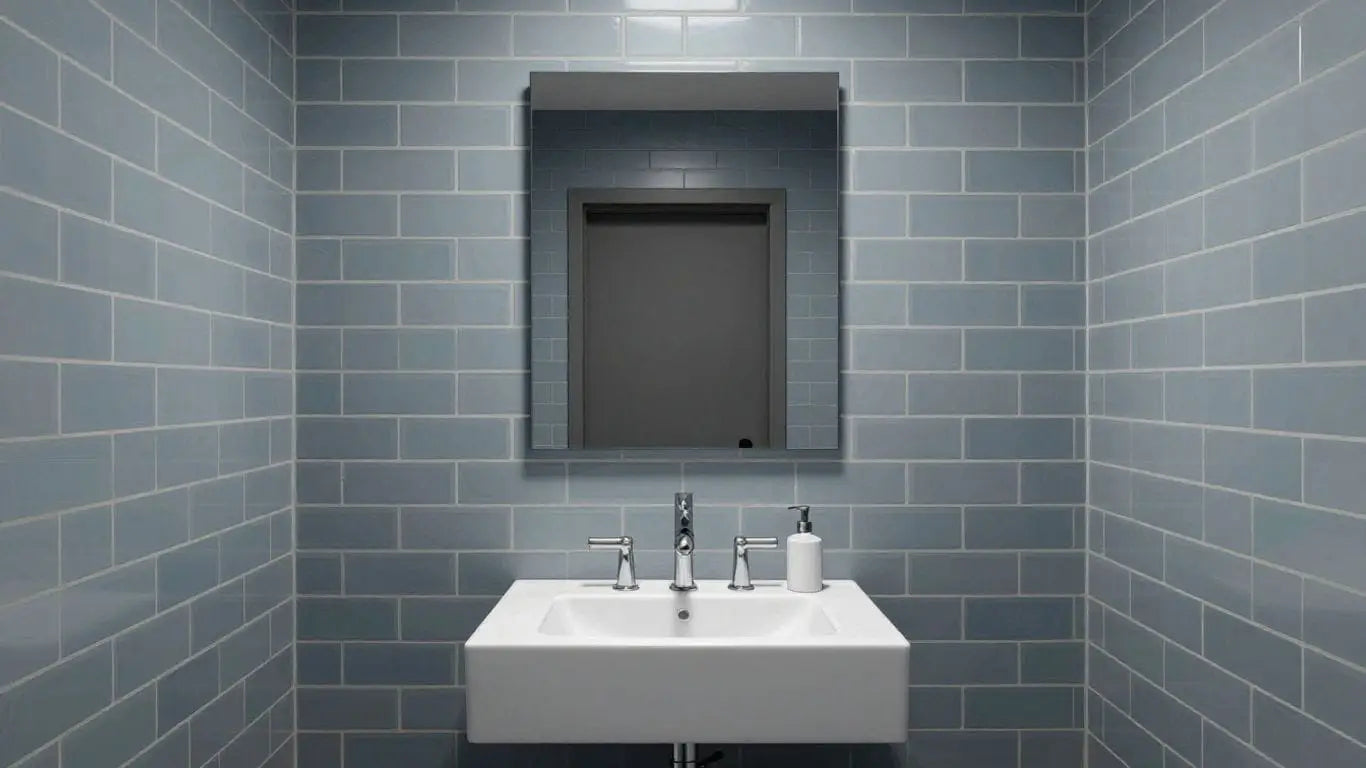 Salpicadero de baldosas de metro gris azulado en un baño moderno.