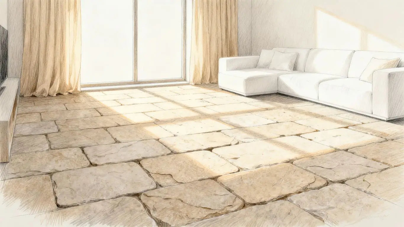 Sophisticated living room with limestone floors