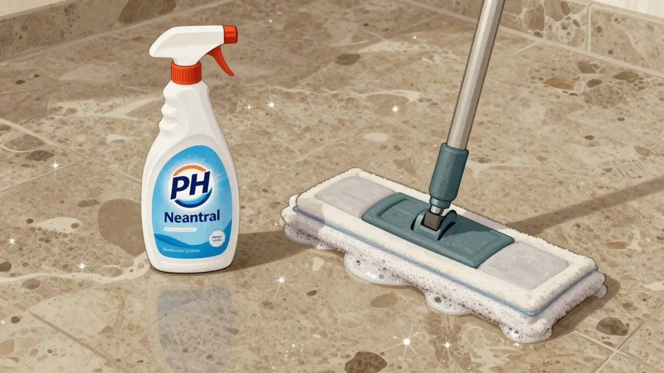 Travertine floor with pH-neutral cleaner and mop.