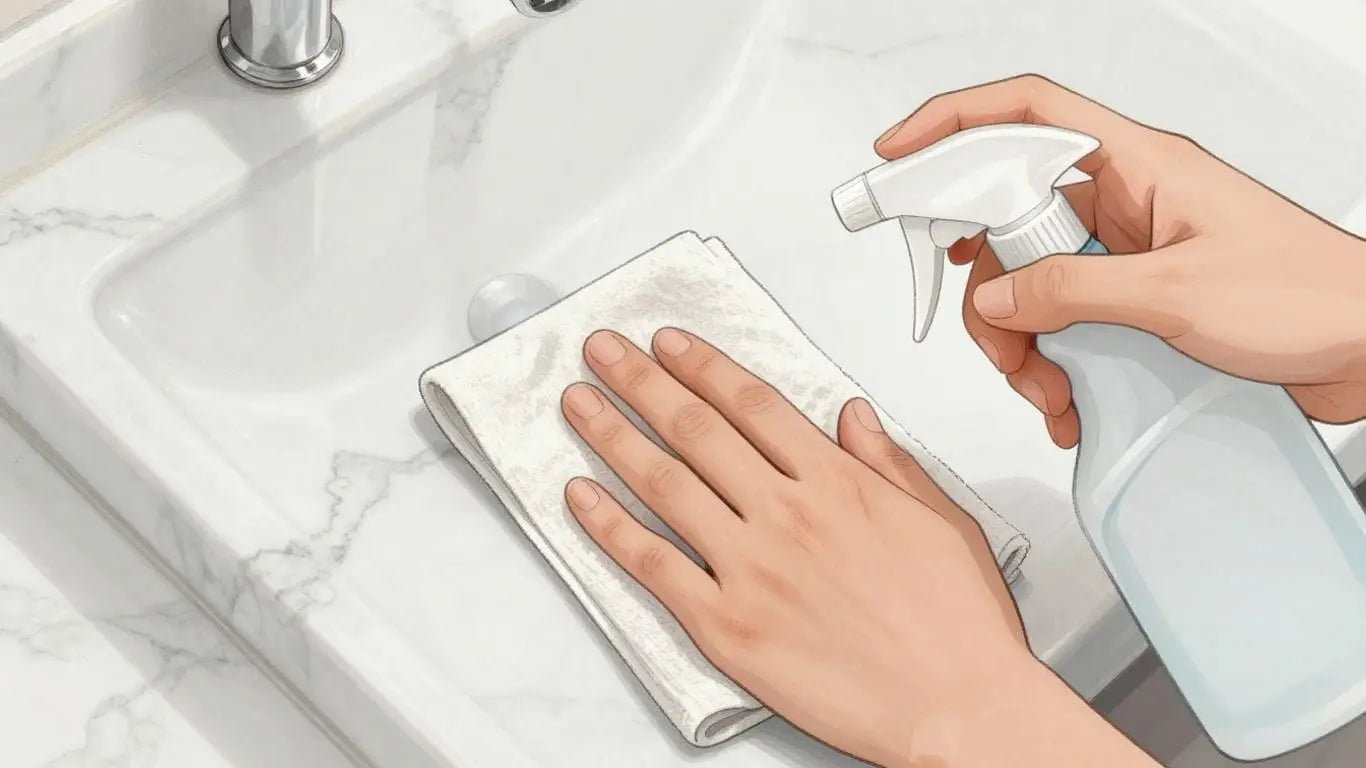 Marble tile cleaning sketch with cloth and spray bottle.