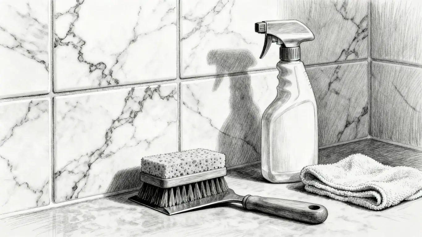 Cleaning tools near natural stone bathroom tiles