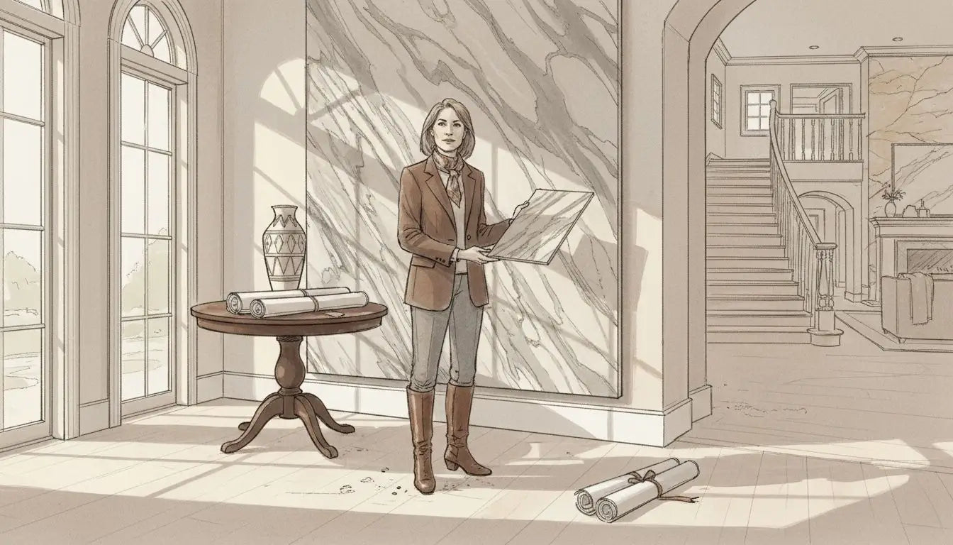 Designer inspects marble wall panel in foyer