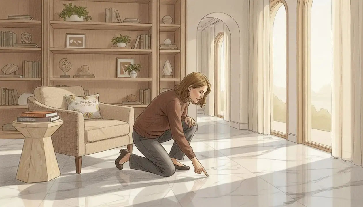 Homeowner inspecting marble floor longevity