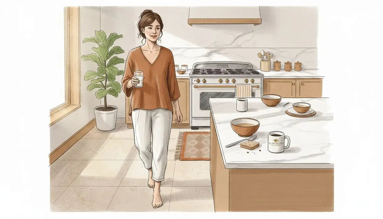 Person walking across matte tile kitchen floor