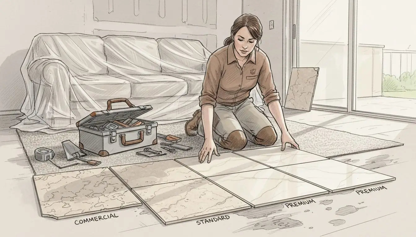 Person comparing different travertine tile grades