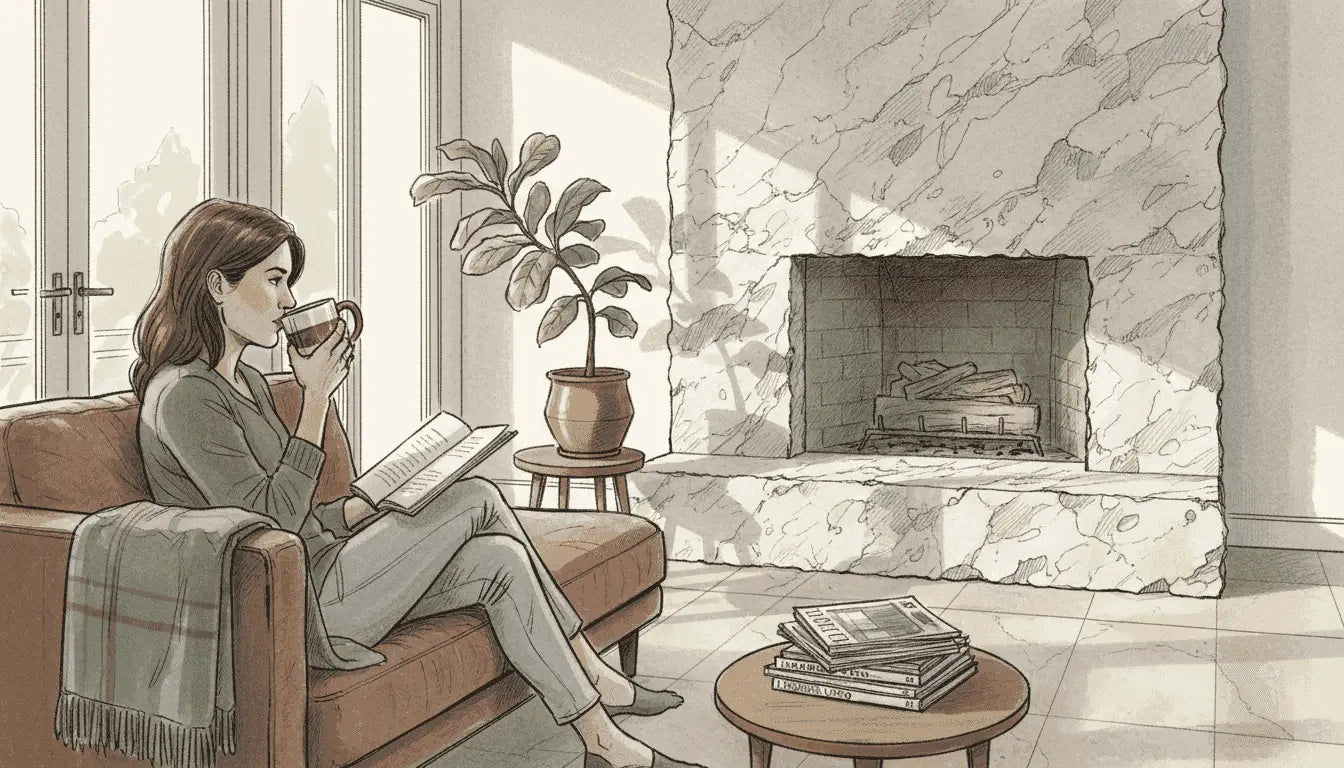 Person relaxing by split face marble fireplace