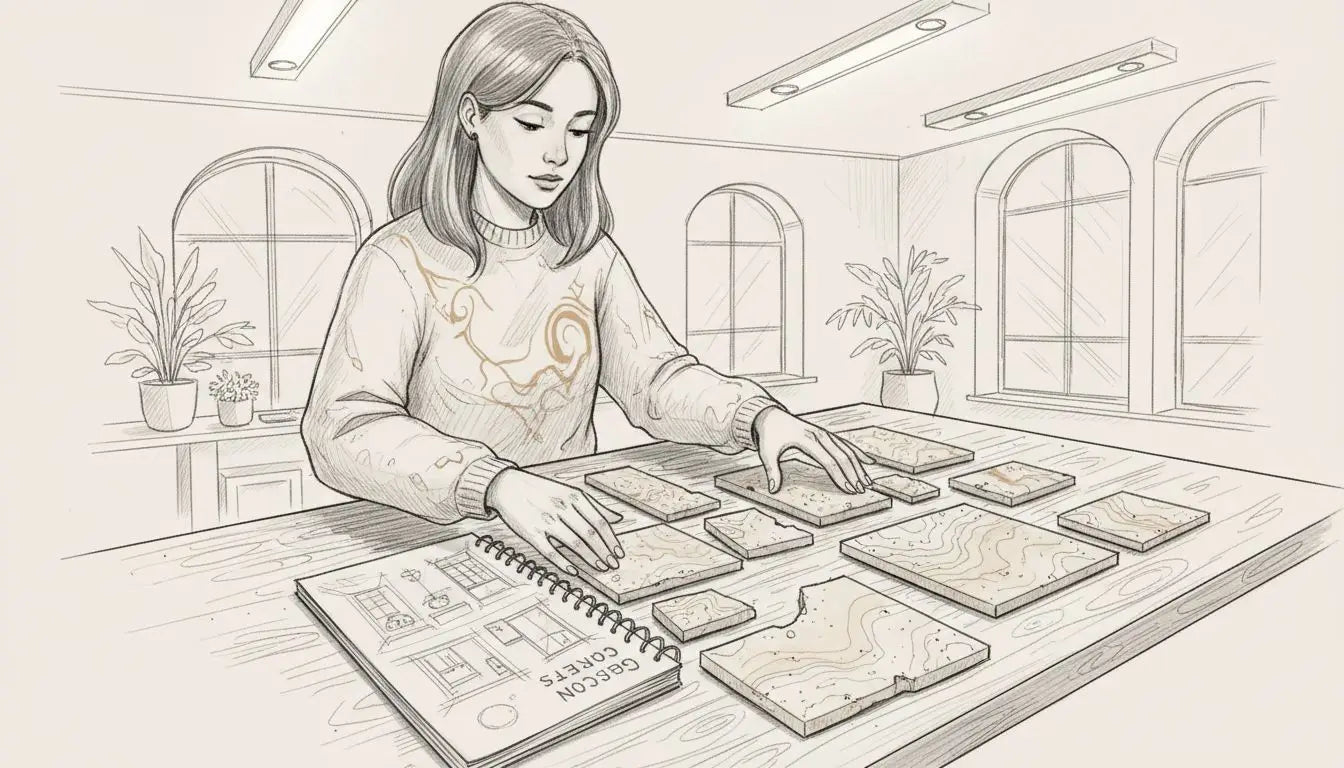 Designer arranging cross-cut travertine tiles