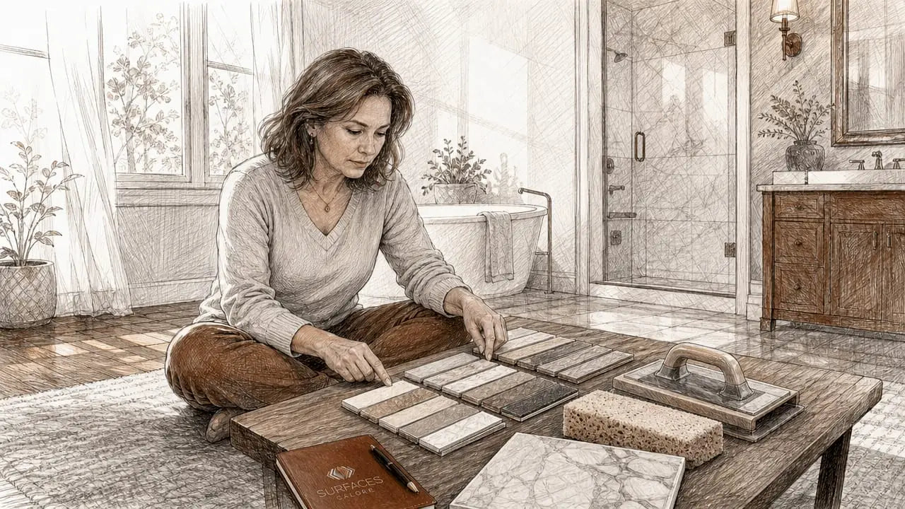 Woman comparing grout samples with tile