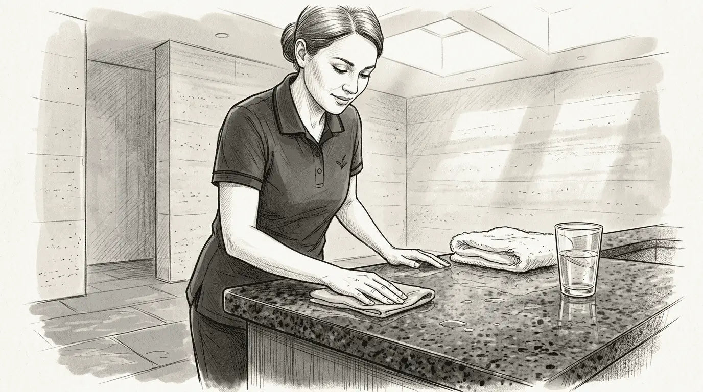 Housekeeper cleans stone countertop in spa
