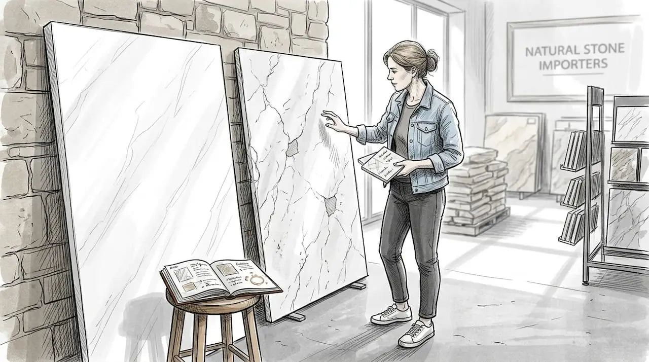 Designer comparing two marble slabs