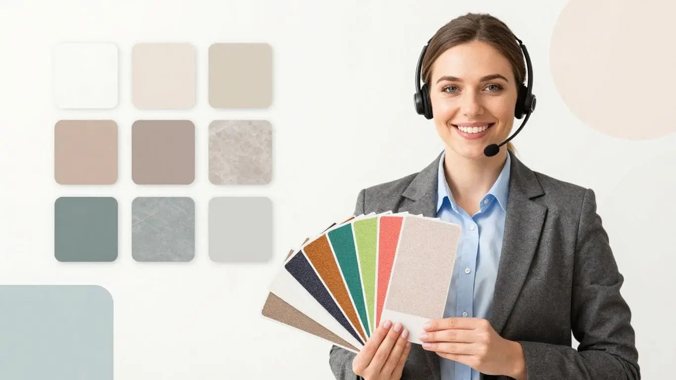 Customer service representative with surface samples.