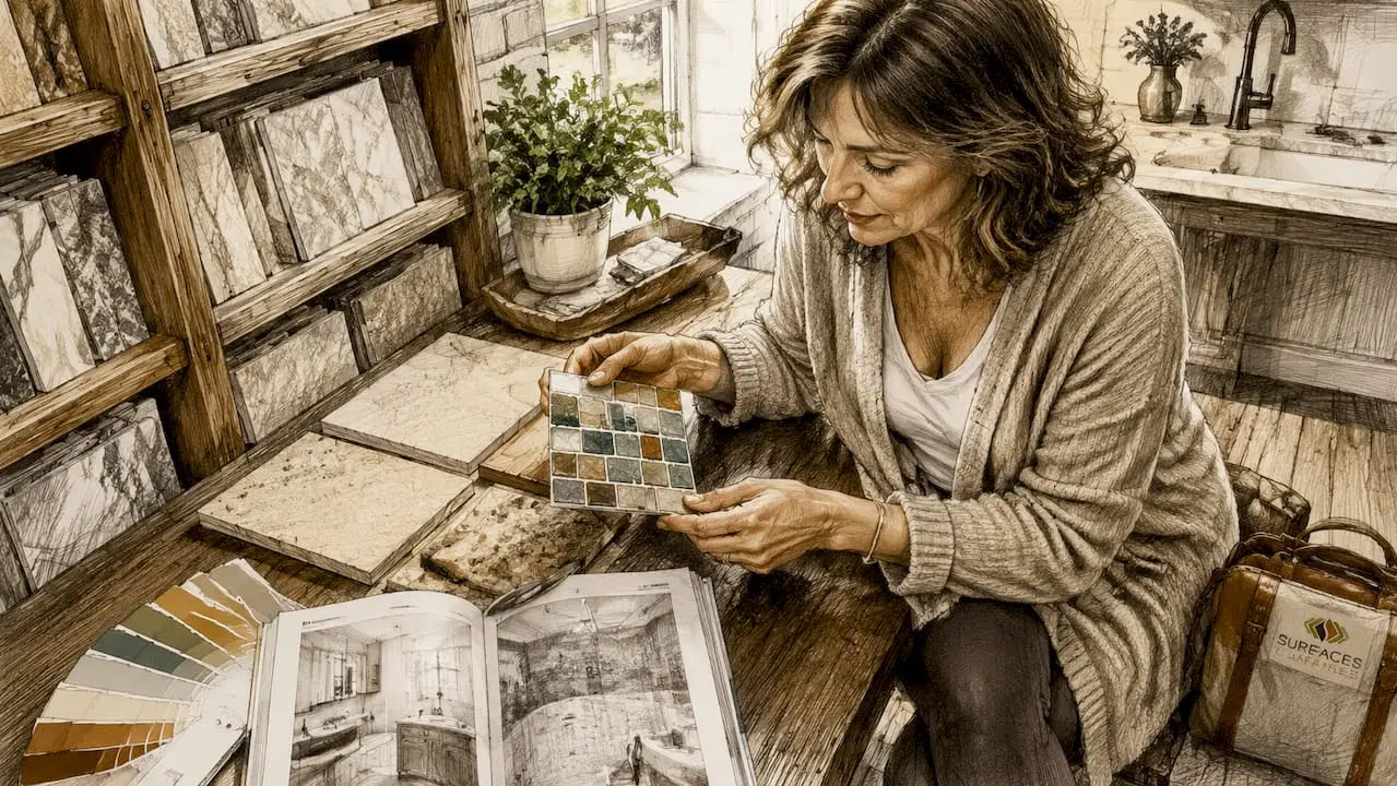 Woman choosing kitchen backsplash tile samples