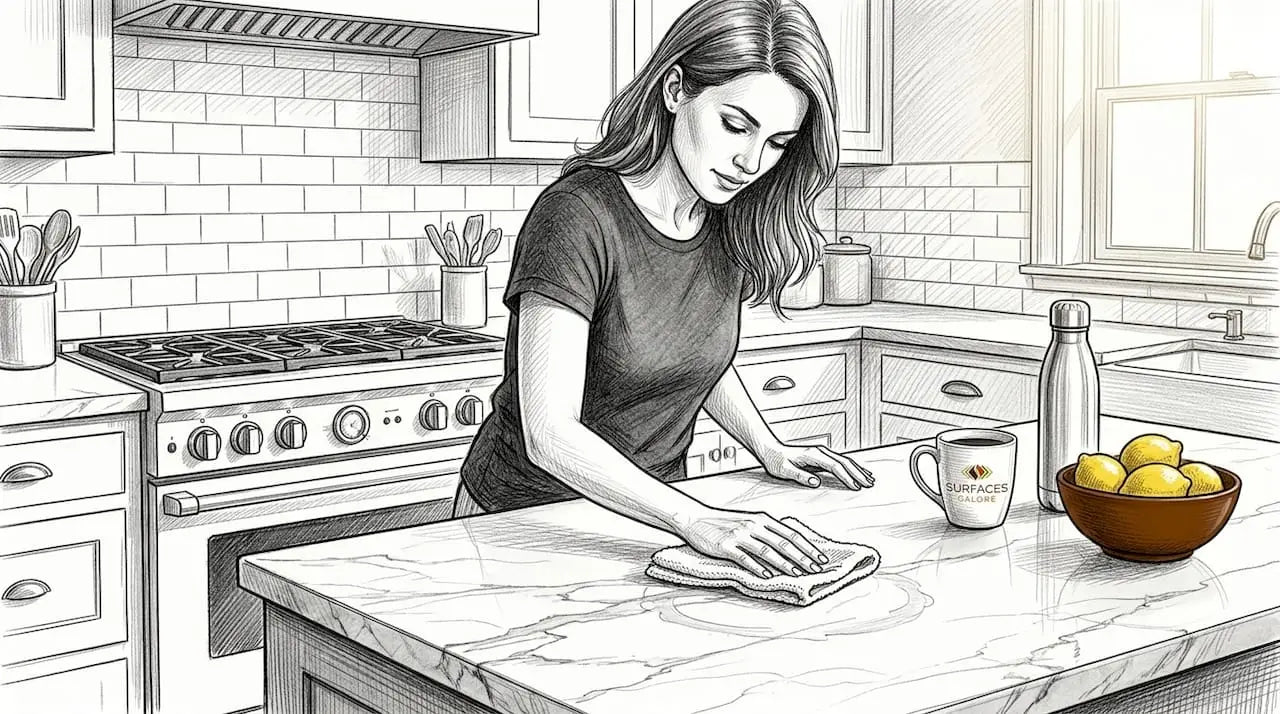Homeowner cleaning marble kitchen countertop