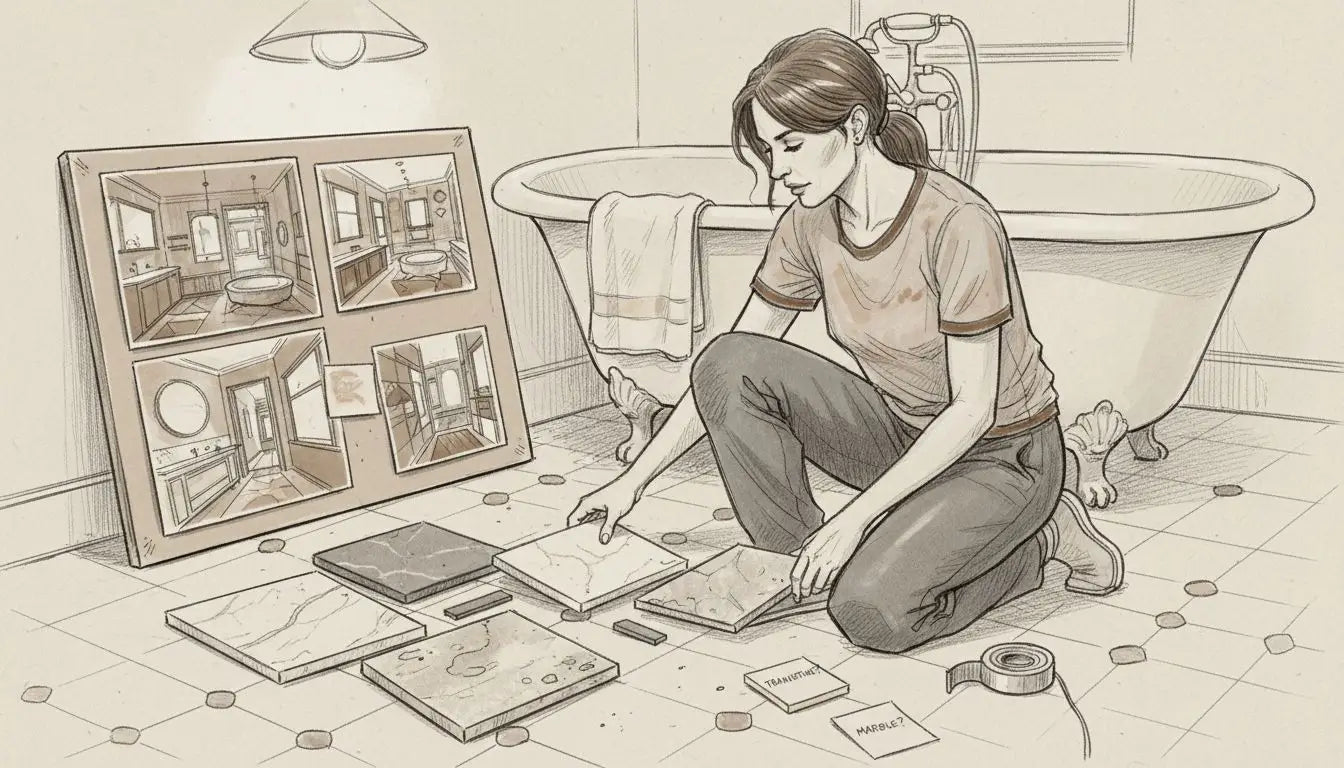 Woman checks stone samples amid bathroom lighting