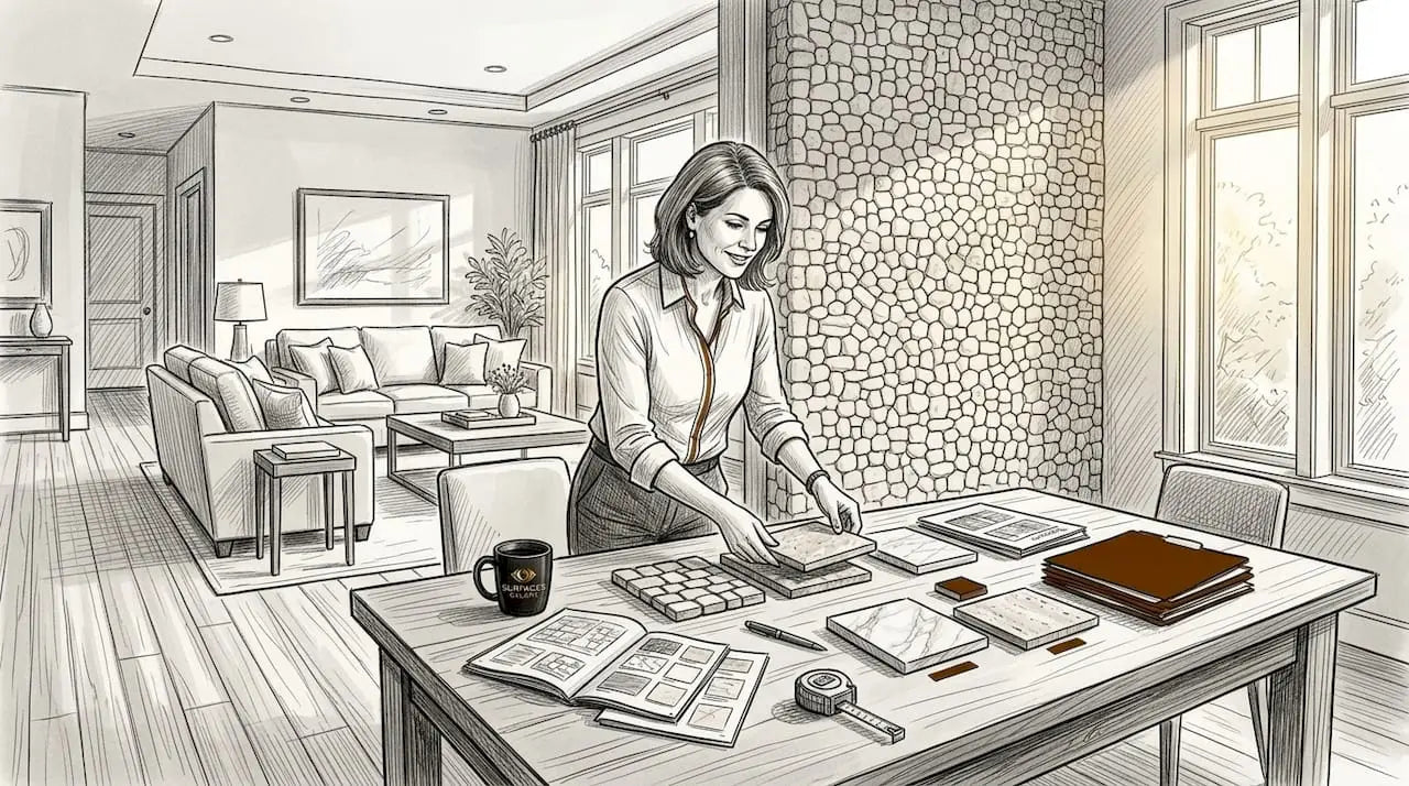 Interior designer arranging mosaic samples