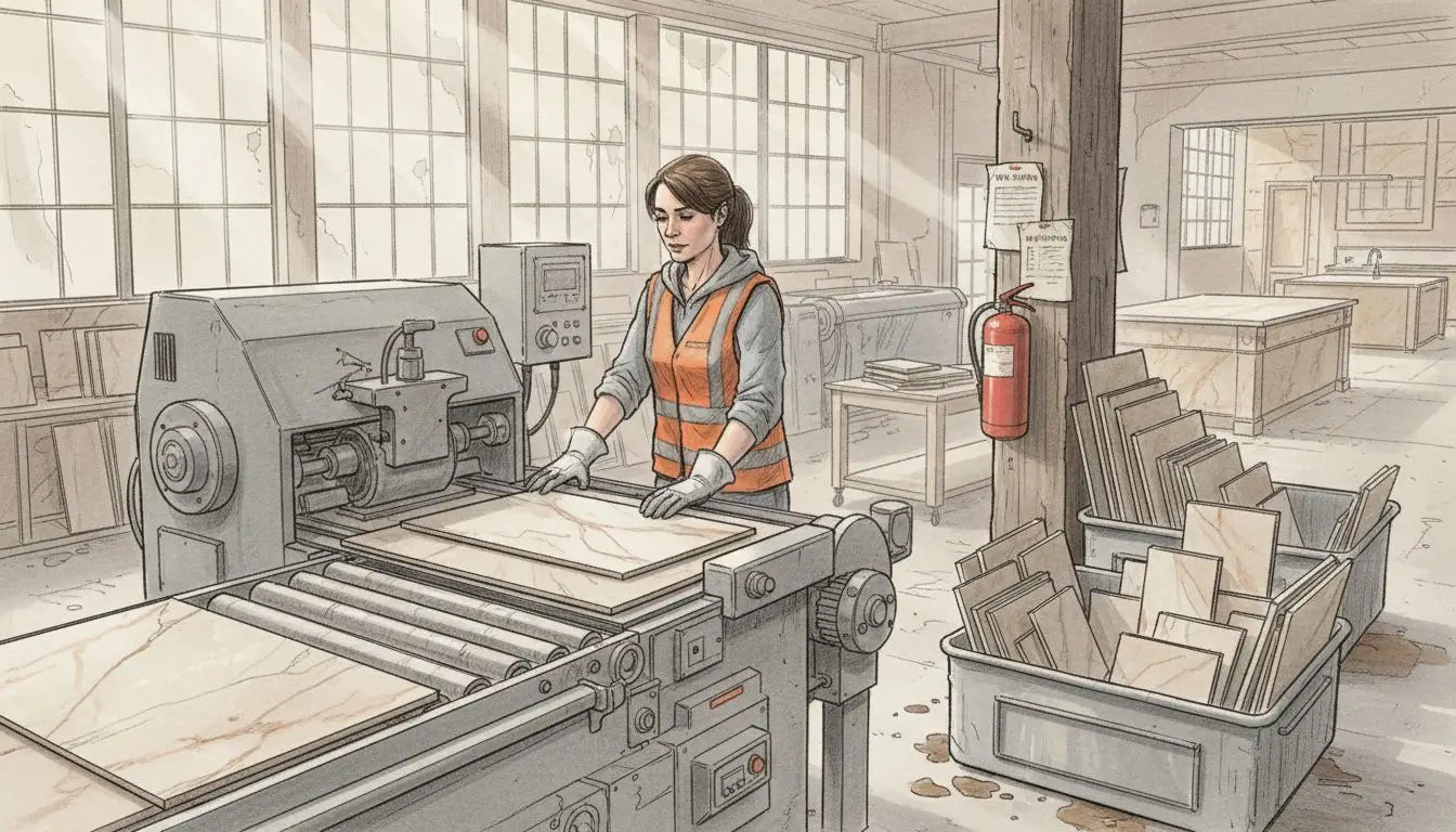 Worker calibrating marble tiles at machine