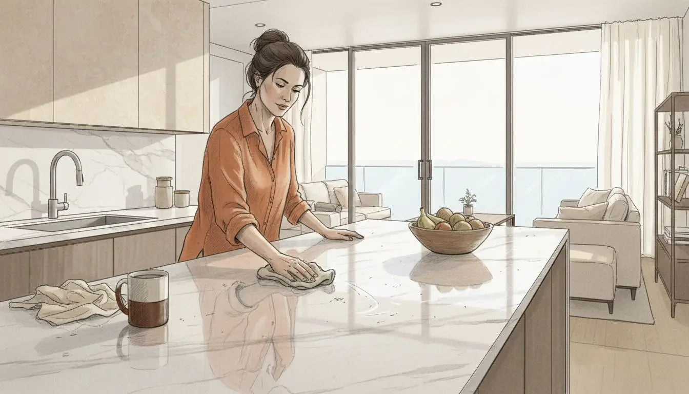 Polished marble kitchen island in use