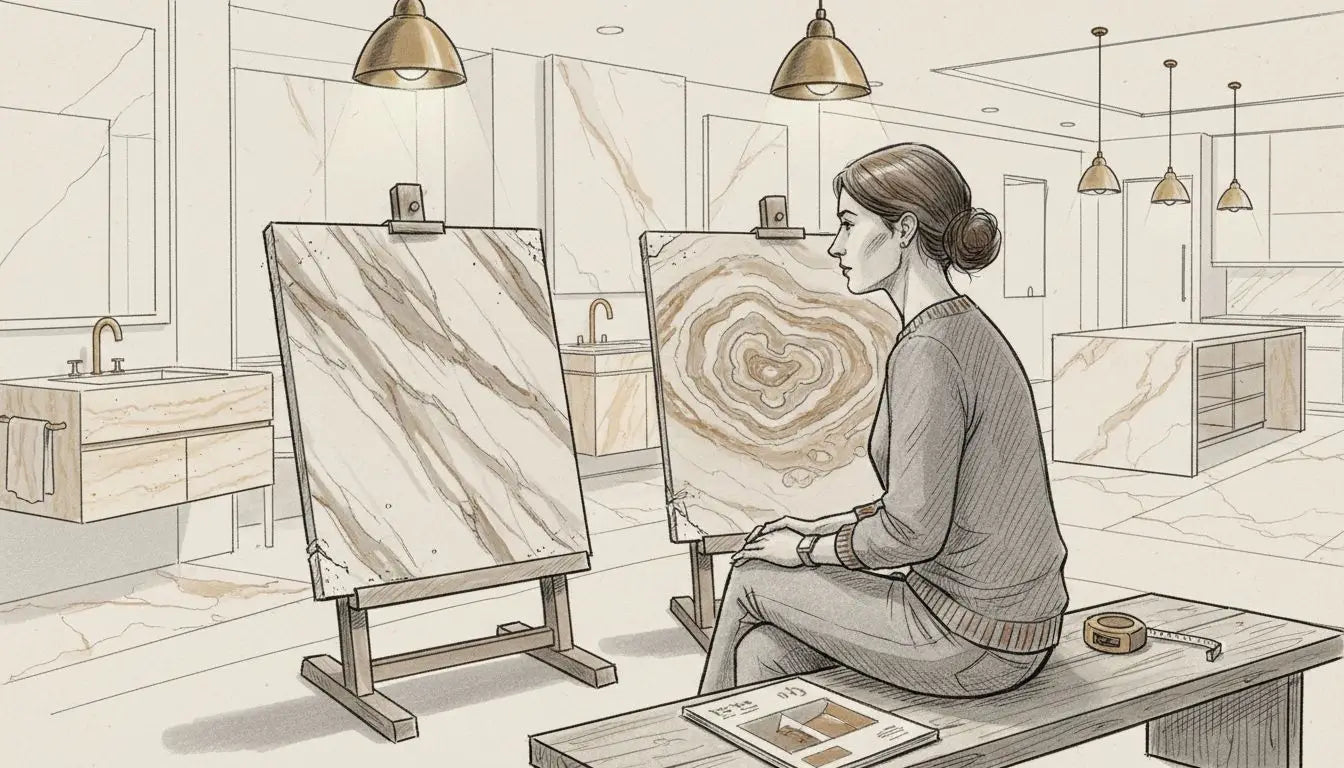 Designer comparing linear and cross-cut marble