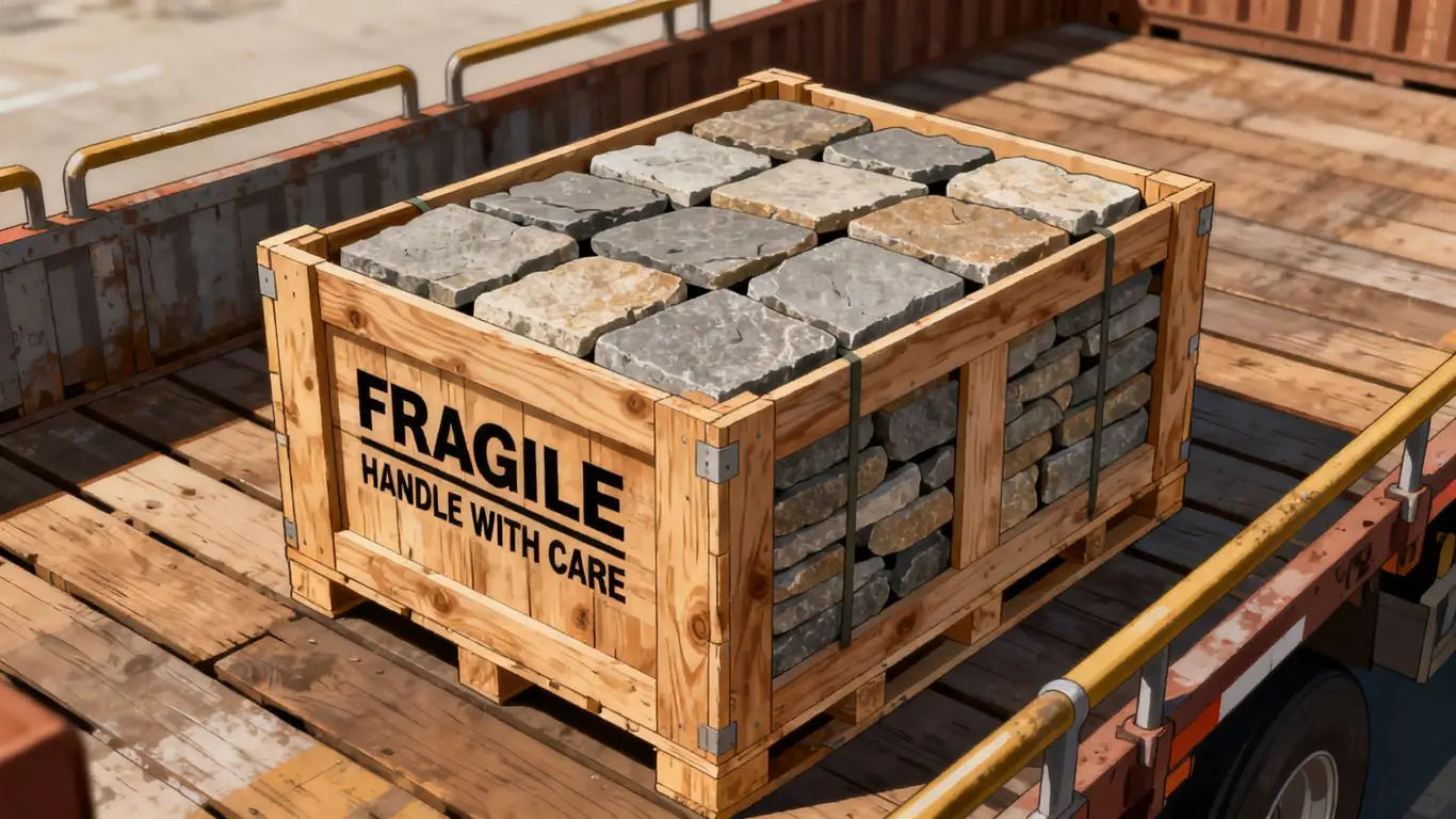 Crated stone delivery at a site