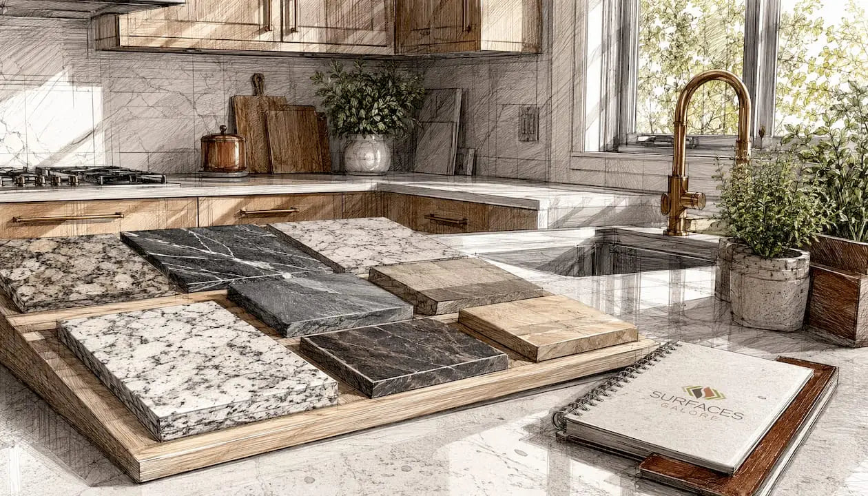Natural stone tile samples in kitchen