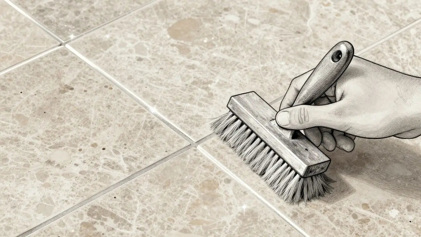 Sketch of cleaning travertine grout with a brush.