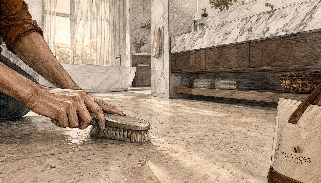 Hands mopping travertine bathroom floor