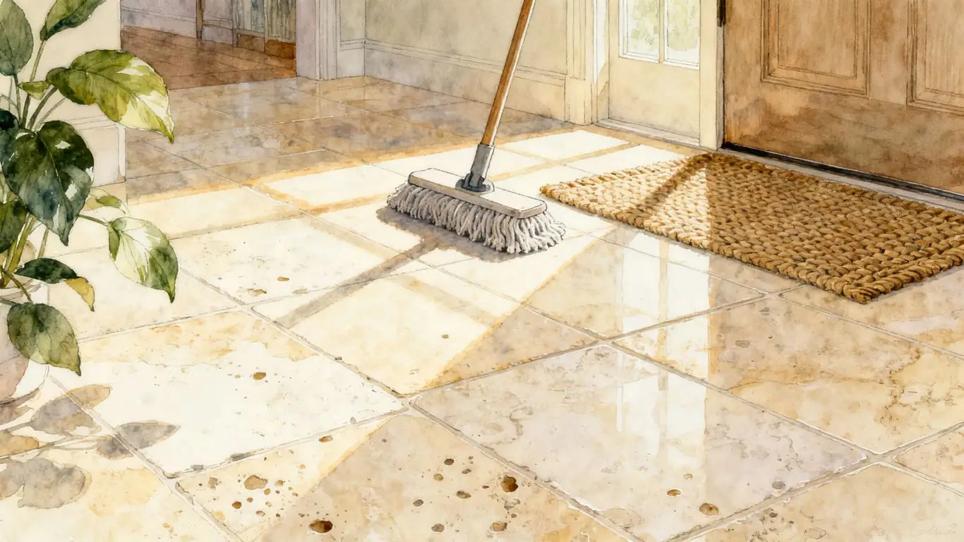 Warm travertine tile floor with natural texture