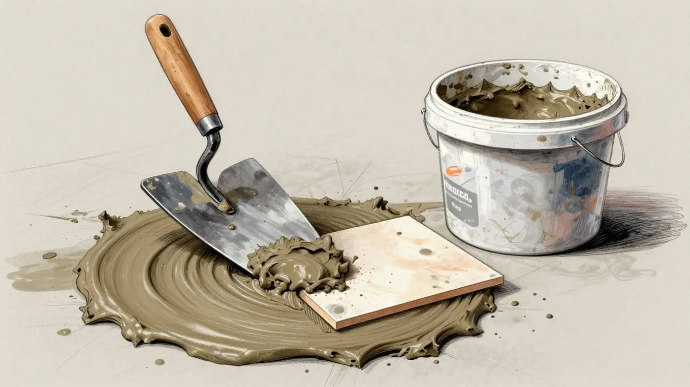 Trowel spreading thinset mortar for tile installation.