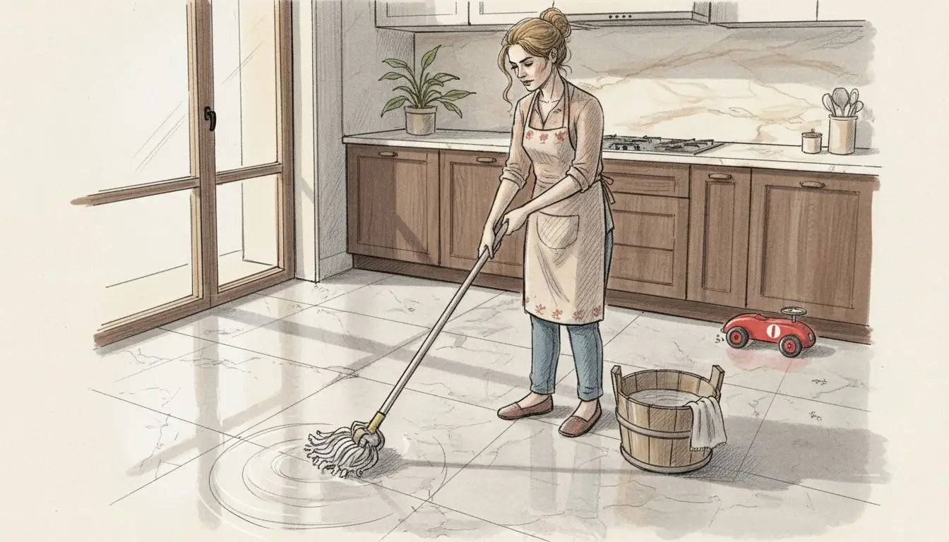 Woman gently mopping marble kitchen floor
