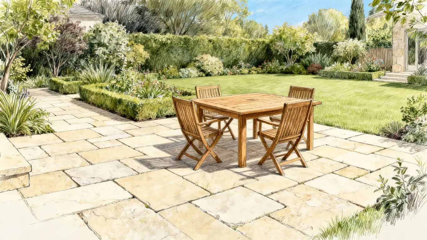 Outdoor patio featuring large limestone pavers