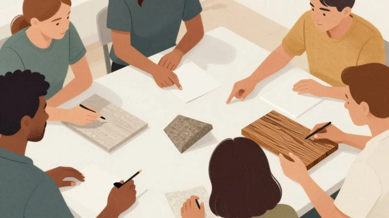 Design consultation with diverse people and surface samples.