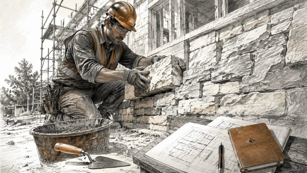 Stone mason installing split face stone wall