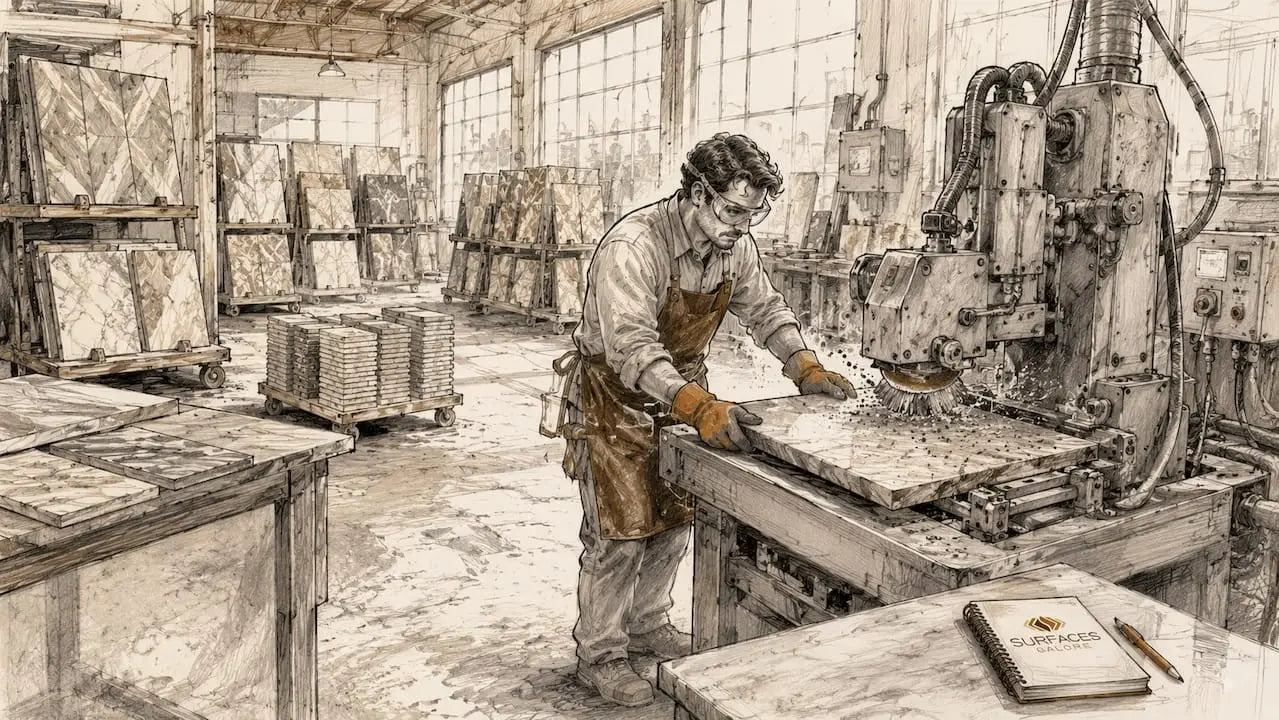 Worker trimming ceramic tile edges in factory